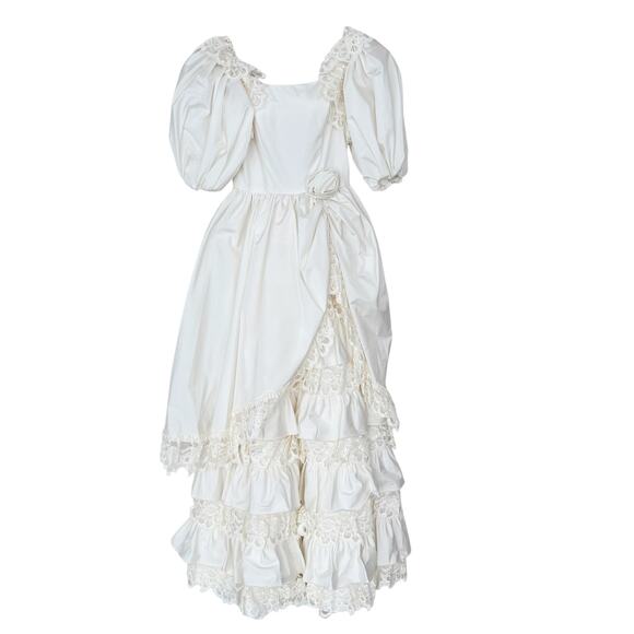 Vintage Dresses & Skirts - Vintage Victorian Puff Sleeve Tiered Lace Wedding Dress Sz XS